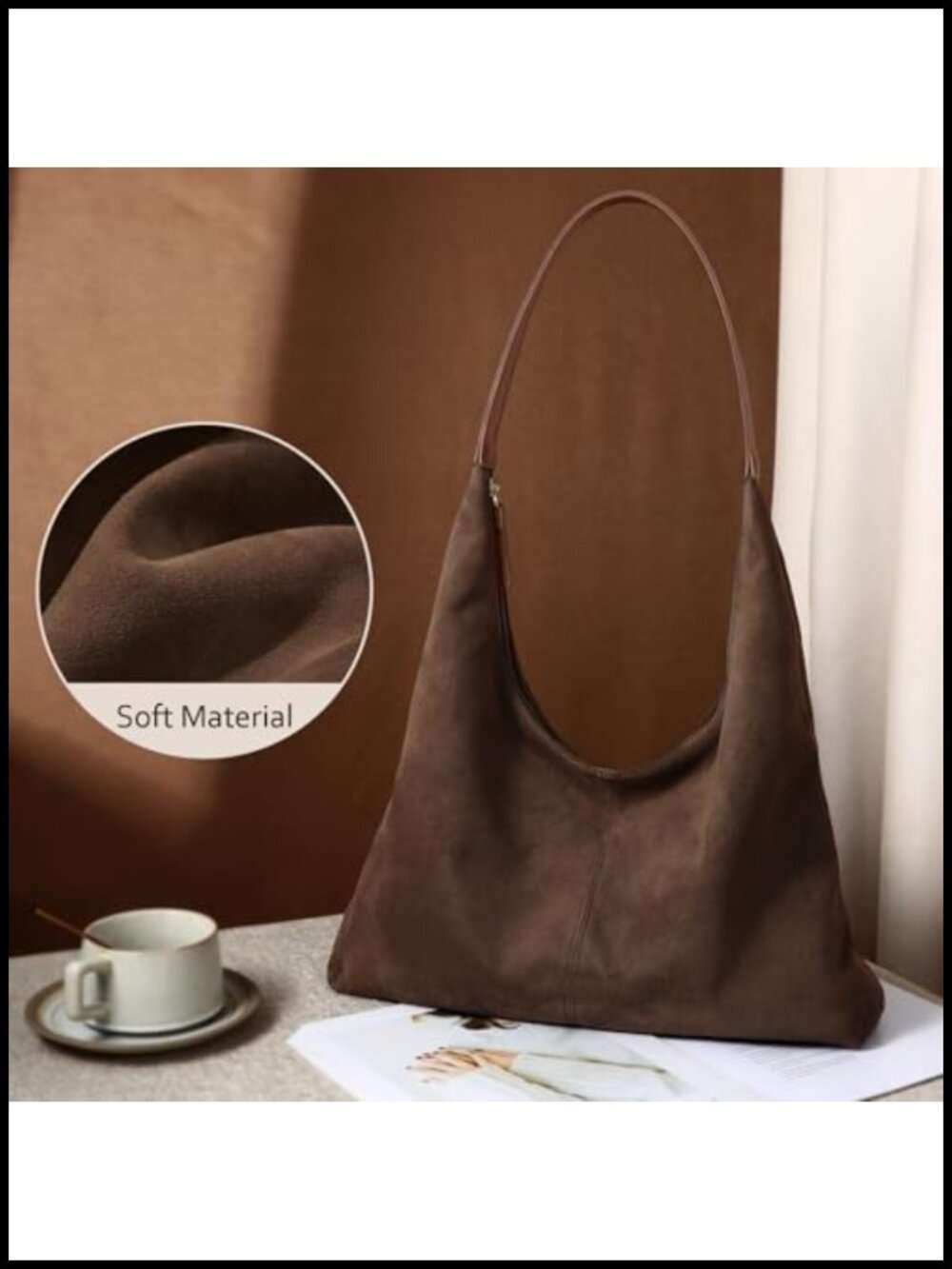 Faux Suede Slouchy Hobo Shoulder Bag Tote Purse - Picture 3 of 6